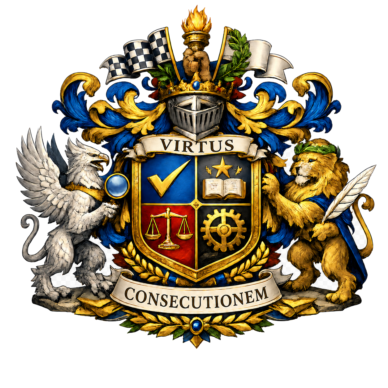 ACQP heraldic crest bearing the motto Virtus Consecutionem