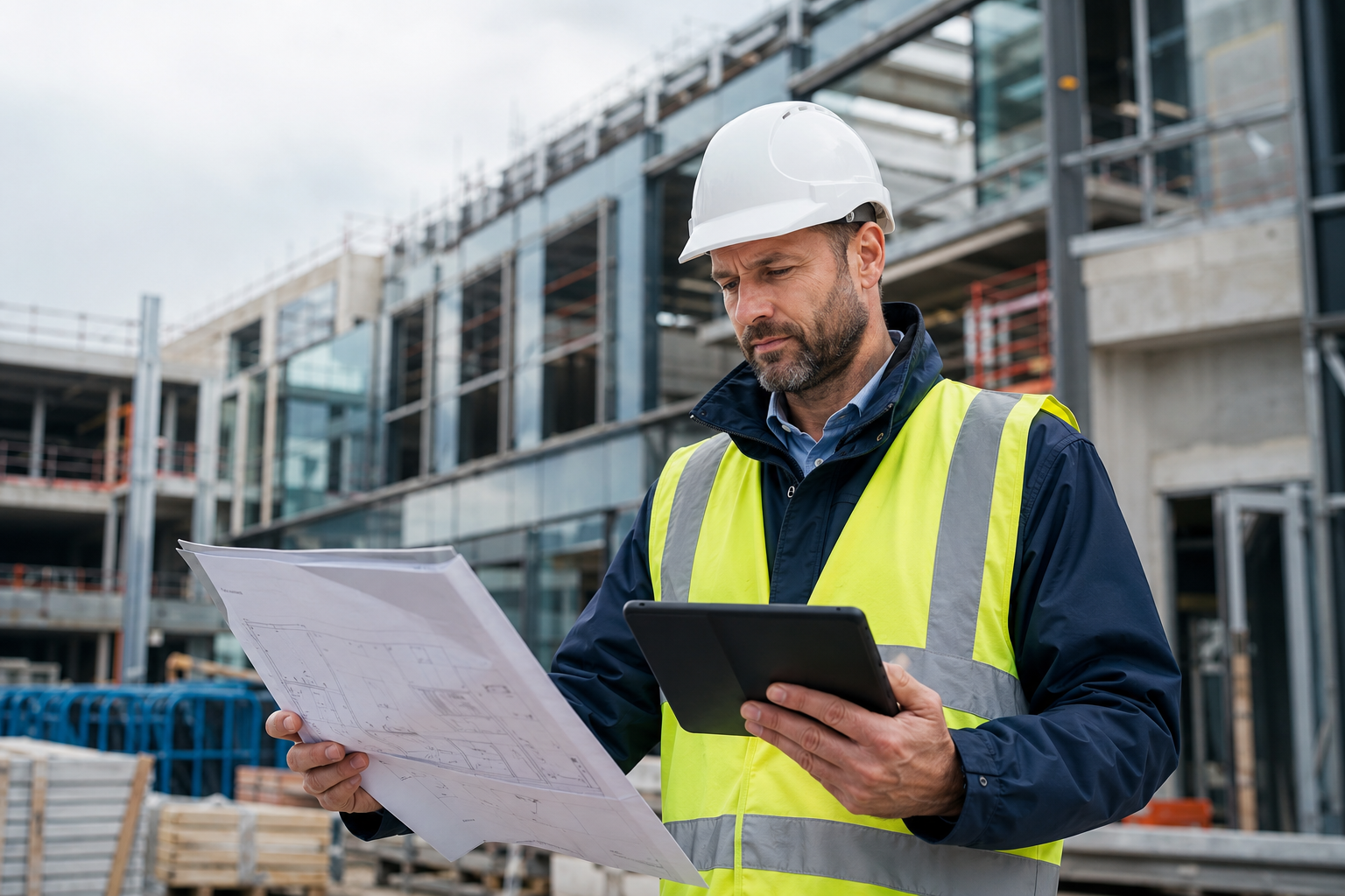 Construction manager reviewing drawings and a tablet on a modern building project