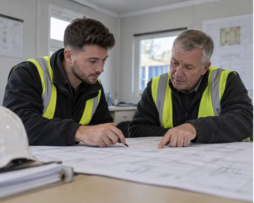 Developing site supervisor reviewing construction drawings with a mentor