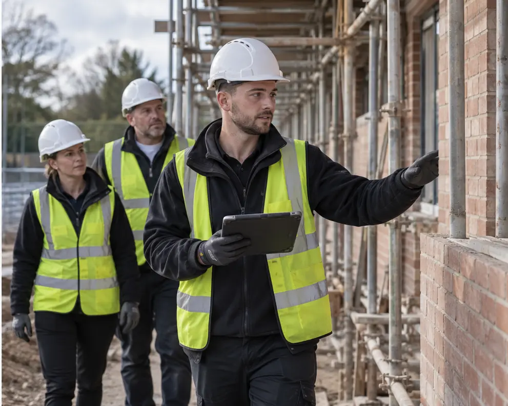 Associate-level supervisor leading a construction quality walk
