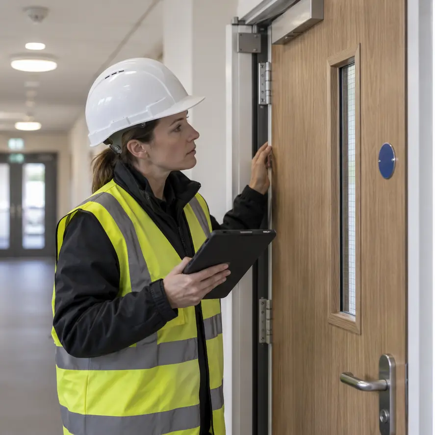Fire safety professional inspecting a fire door installation