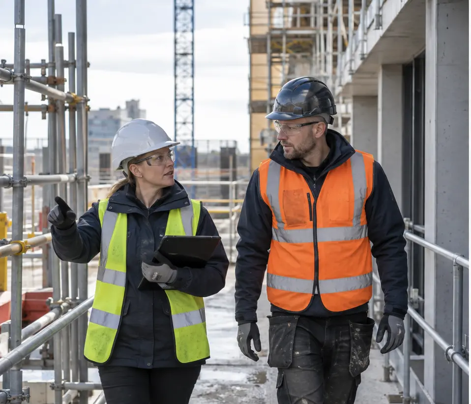 Health and safety professional conducting a construction site walk