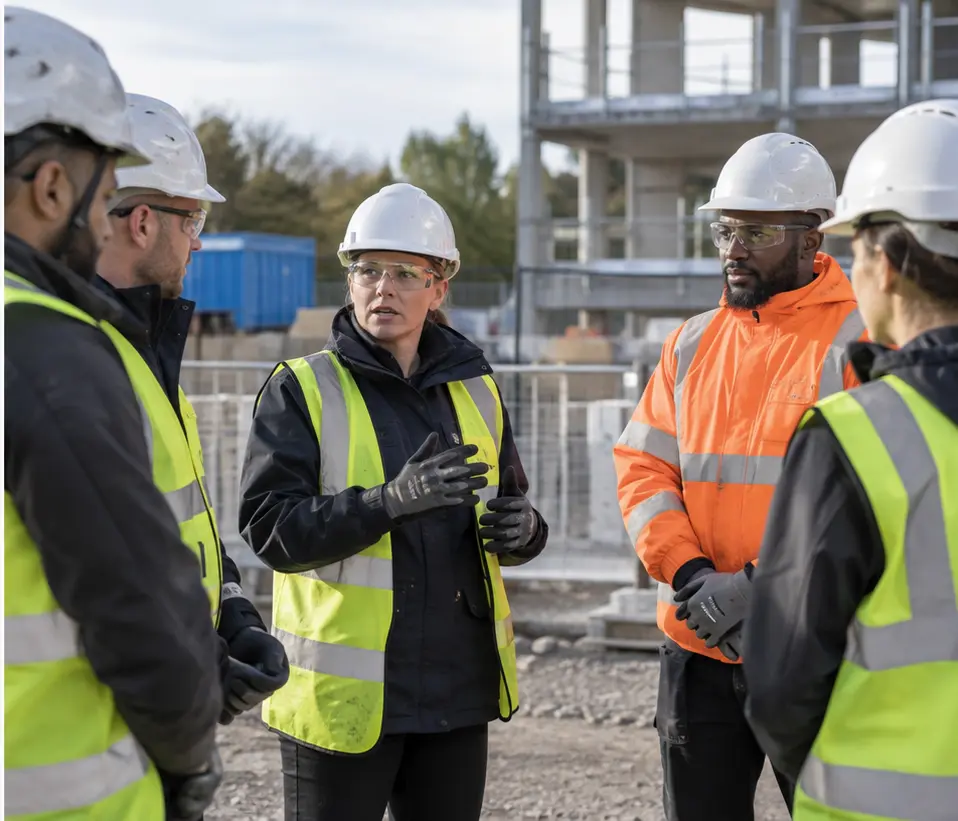 Health and safety professional briefing a site team