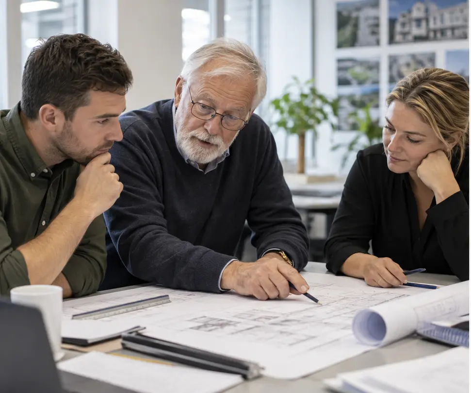 Experienced retired construction professional sharing knowledge with younger colleagues