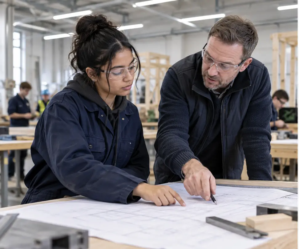 Construction student reviewing technical drawings with an experienced tutor