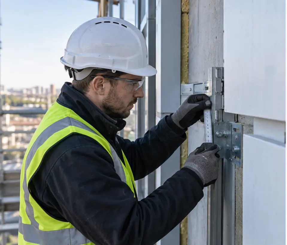 Technical construction specialist inspecting façade installation details