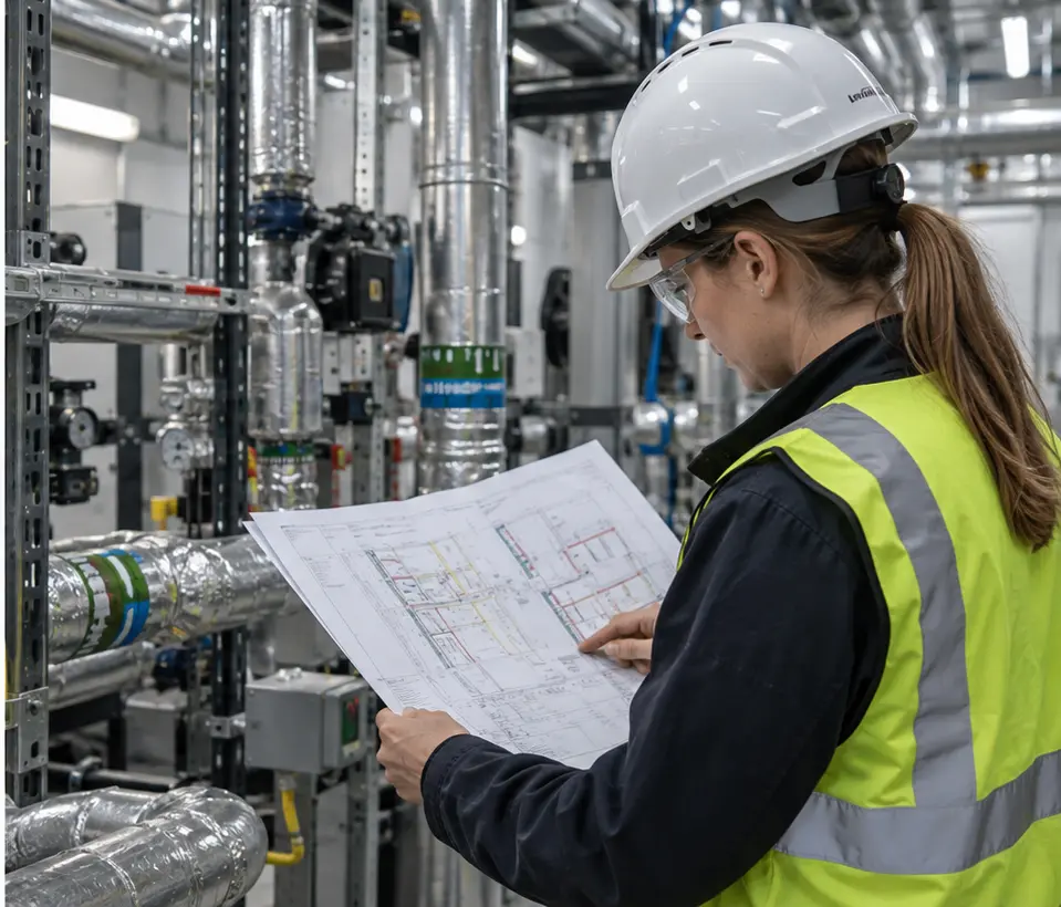 Building services specialist checking coordinated technical information
