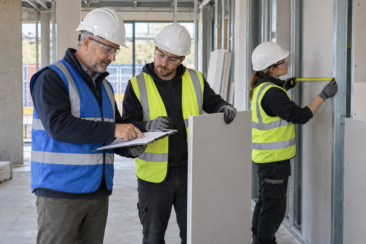 An instructor and operatives reviewing an installation guide and checking a drylining partition.