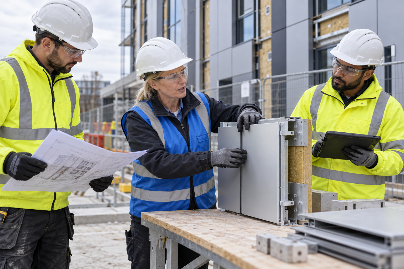 A trainer explaining a rainscreen panel sample to two construction operatives.