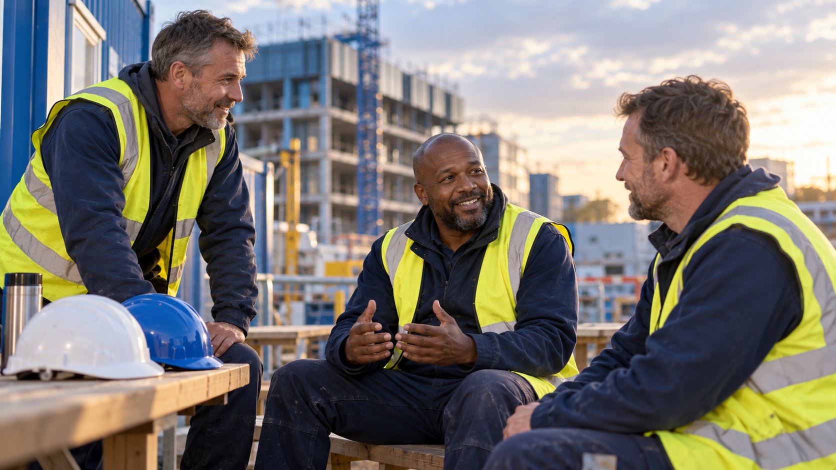 Construction colleagues sharing a supportive conversation during a break