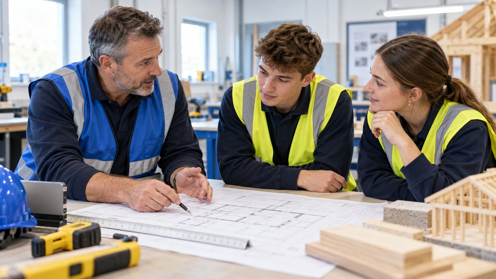 A mentor supporting adult construction trainees