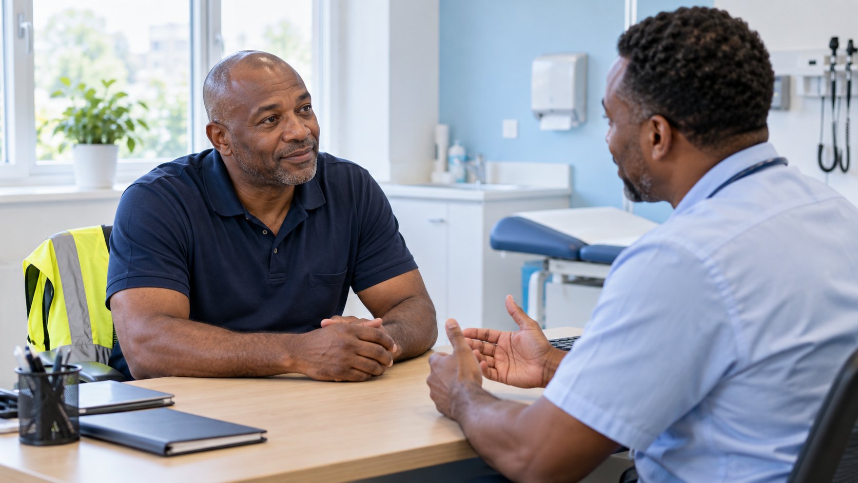A construction professional talking with a healthcare professional