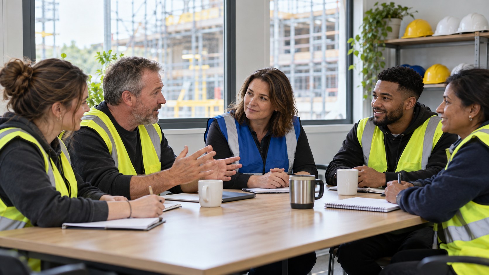 Construction professionals taking part in a supportive training discussion