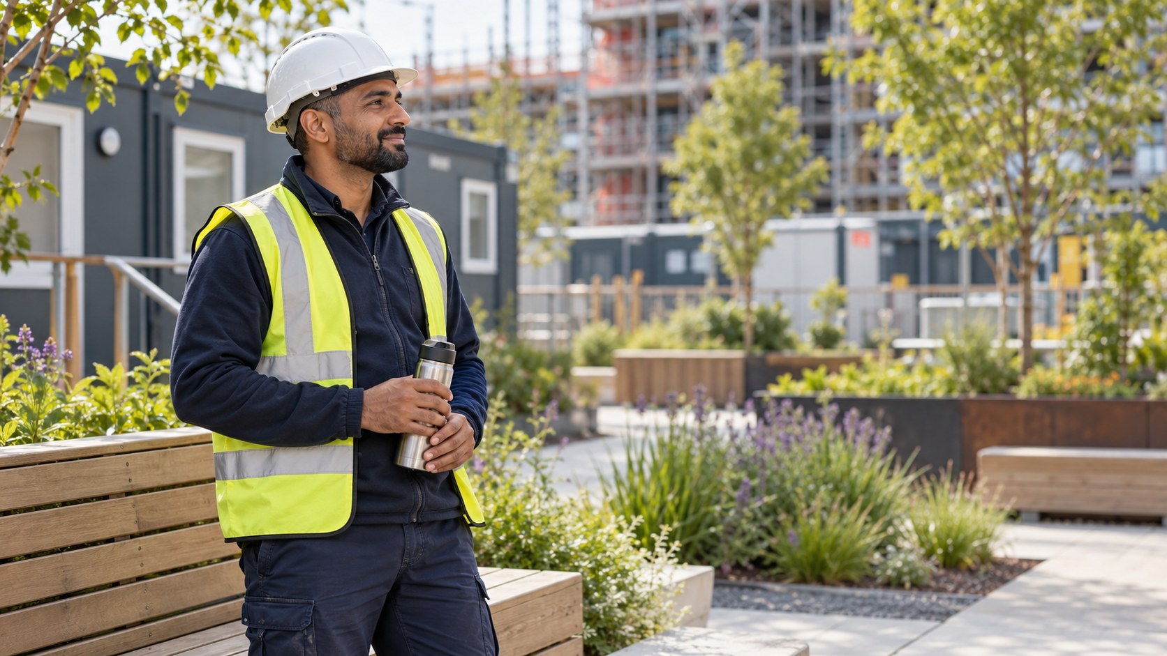 A construction professional taking a calm outdoor break in a planted site welfare area