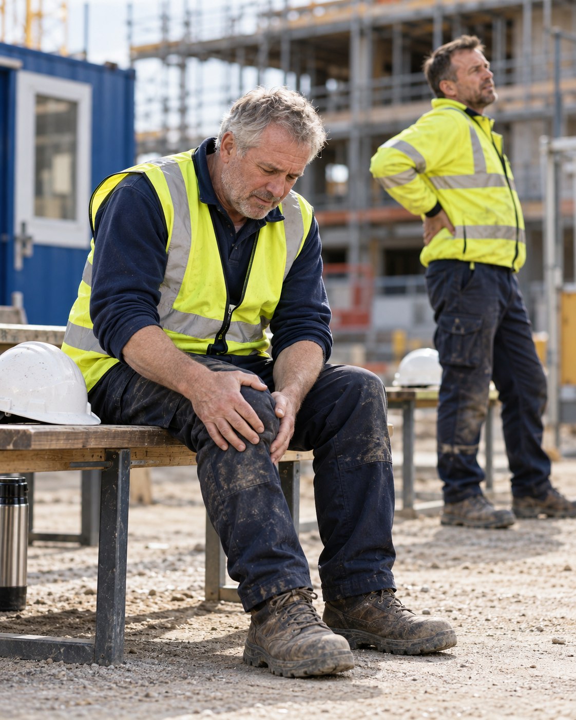 Construction workers taking a break with knee and lower-back discomfort