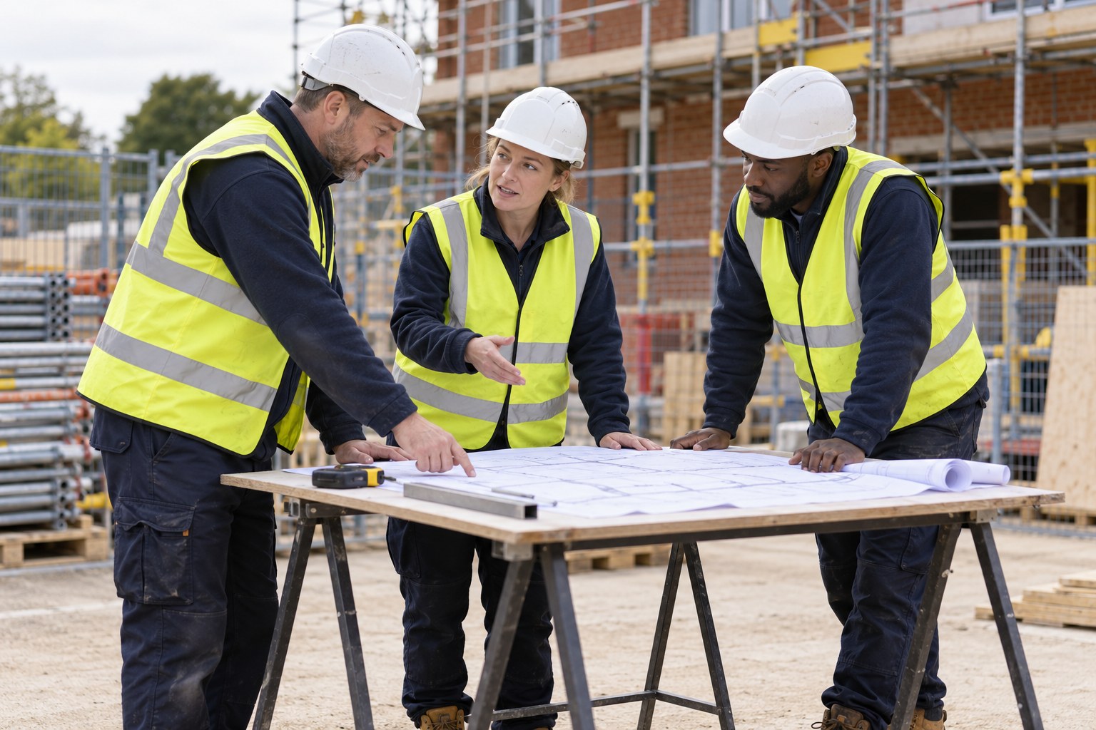 Three construction professionals in yellow hi-vis reviewing a work plan at ground level